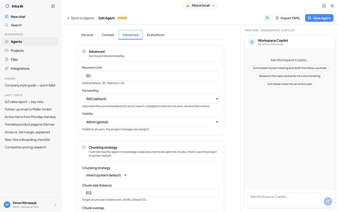 Der Builder-Tab „Erweitert" mit Rekursionslimit, Dateiverarbeitung, Sichtbarkeit und Chunk-Strategie