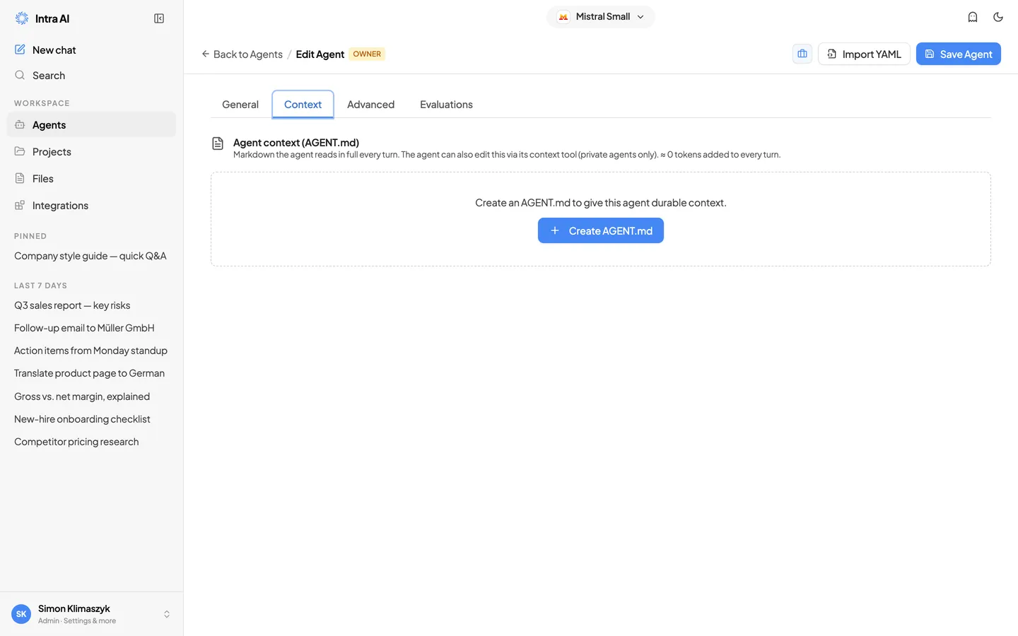 Der Builder-Tab „Kontext" mit dem Markdown-Editor und dem Bearbeiten/Vorschau-Umschalter