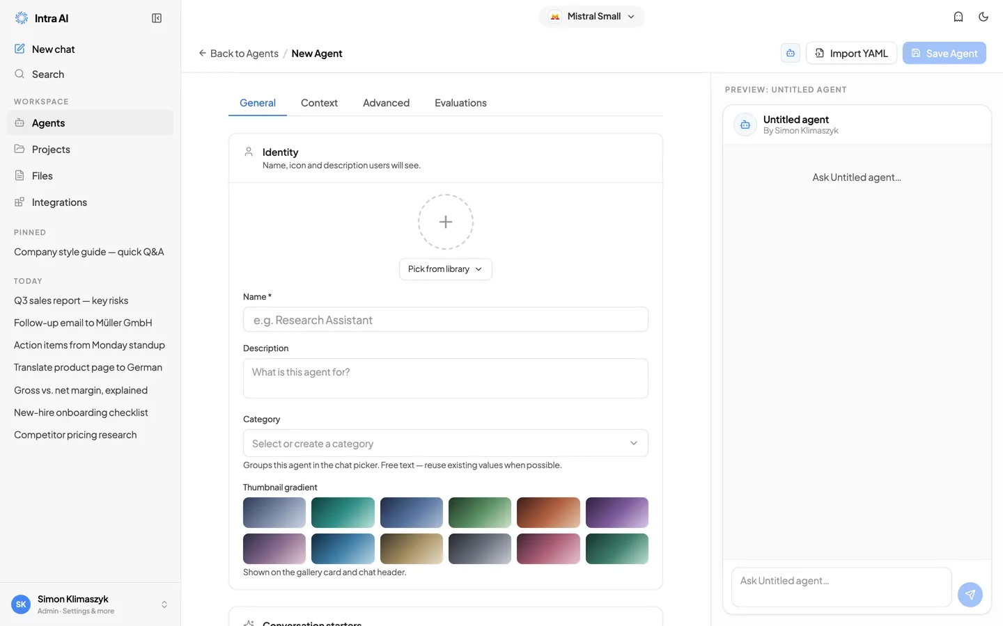 Der Builder-Tab „Allgemein" mit dem Live-Vorschau-Chat