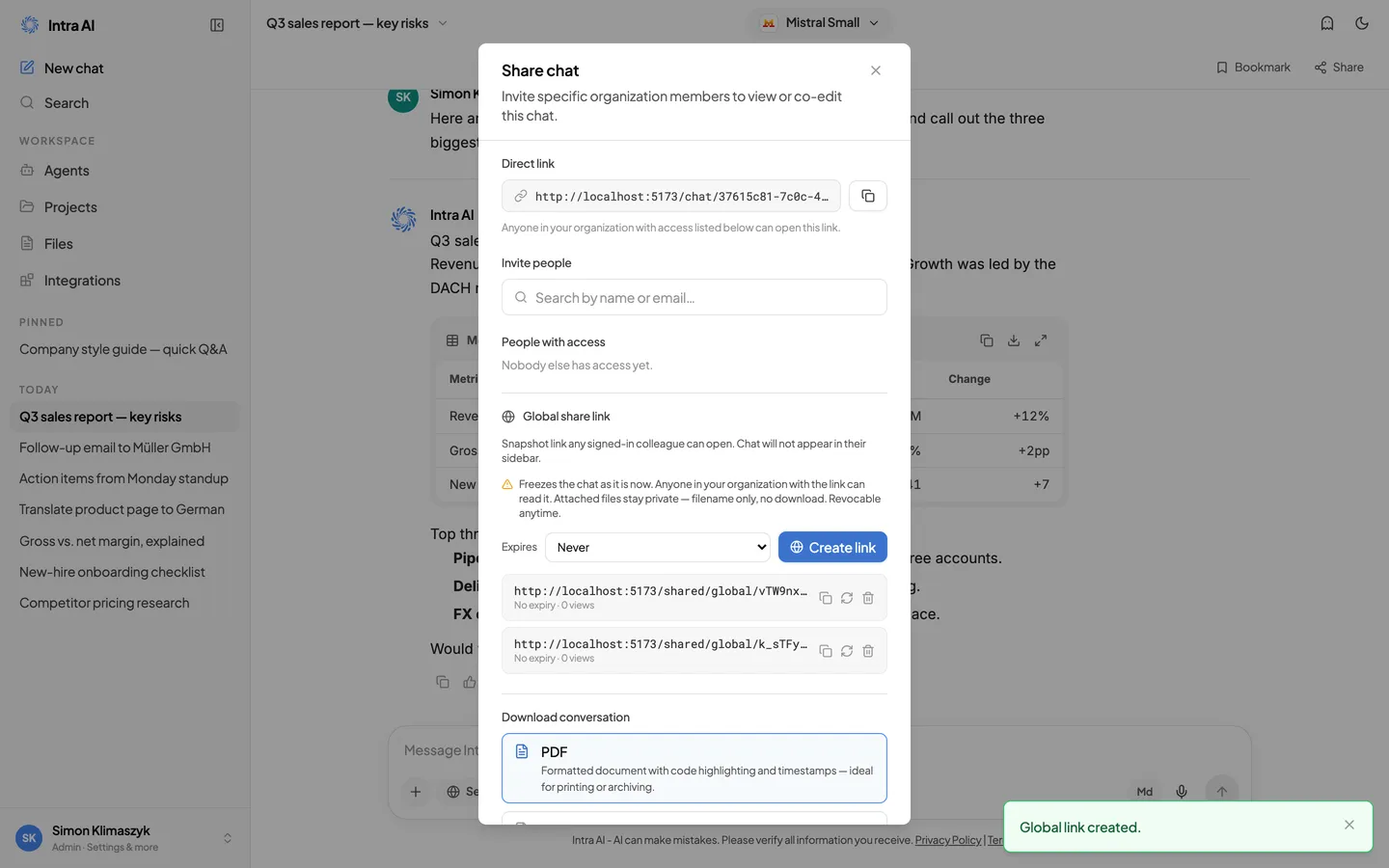 Der Snapshot-Link-Bereich mit der Ablauf-Auswahl und einem aktiven Link samt Aufrufzähler