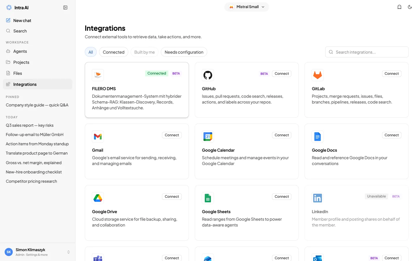 Das Integrations-Verzeichnis als Kachelraster mit Statusfiltern