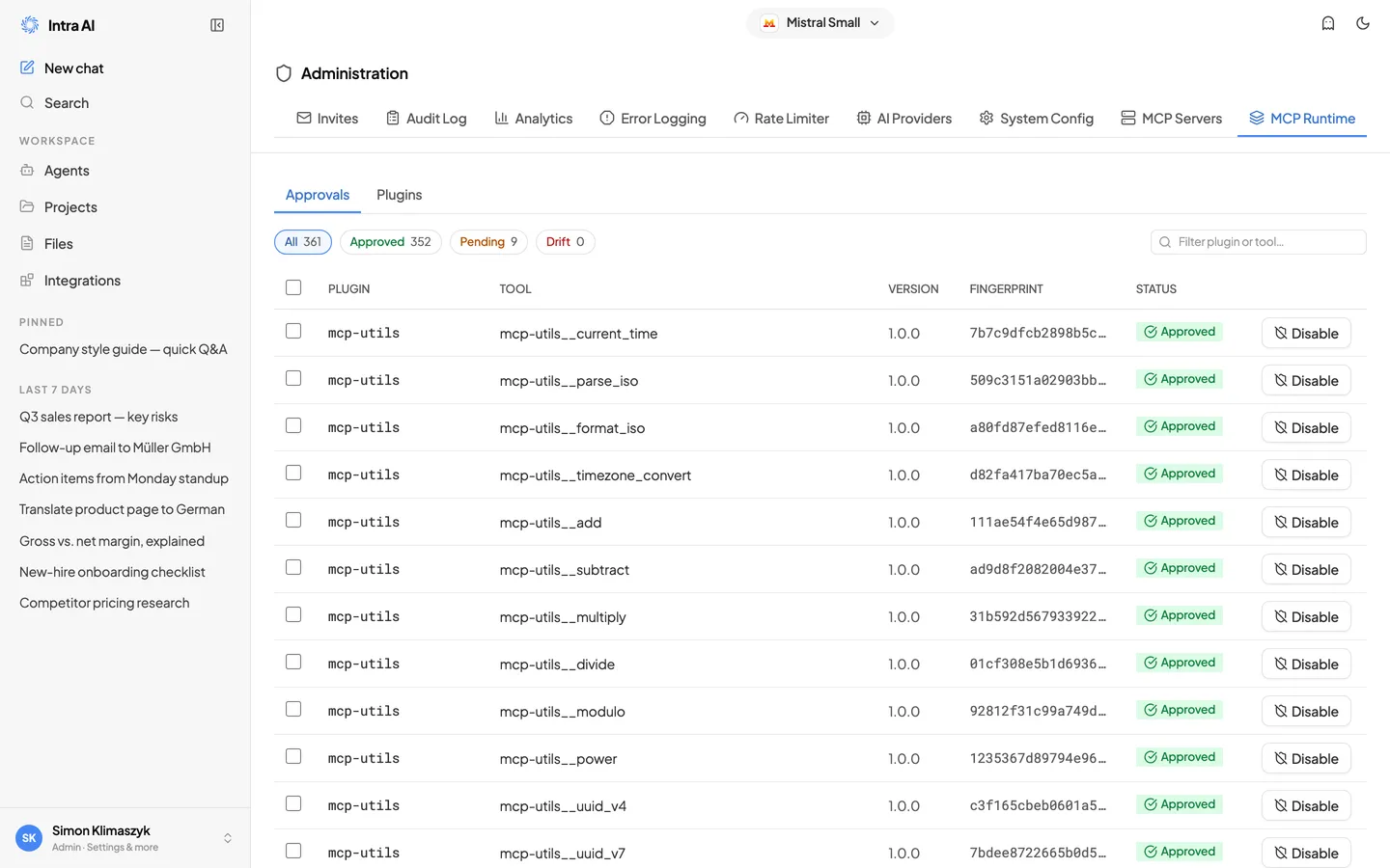 Das Admin-MCP-Runtime-Tab mit Servern und Tool-Freigabe-Status