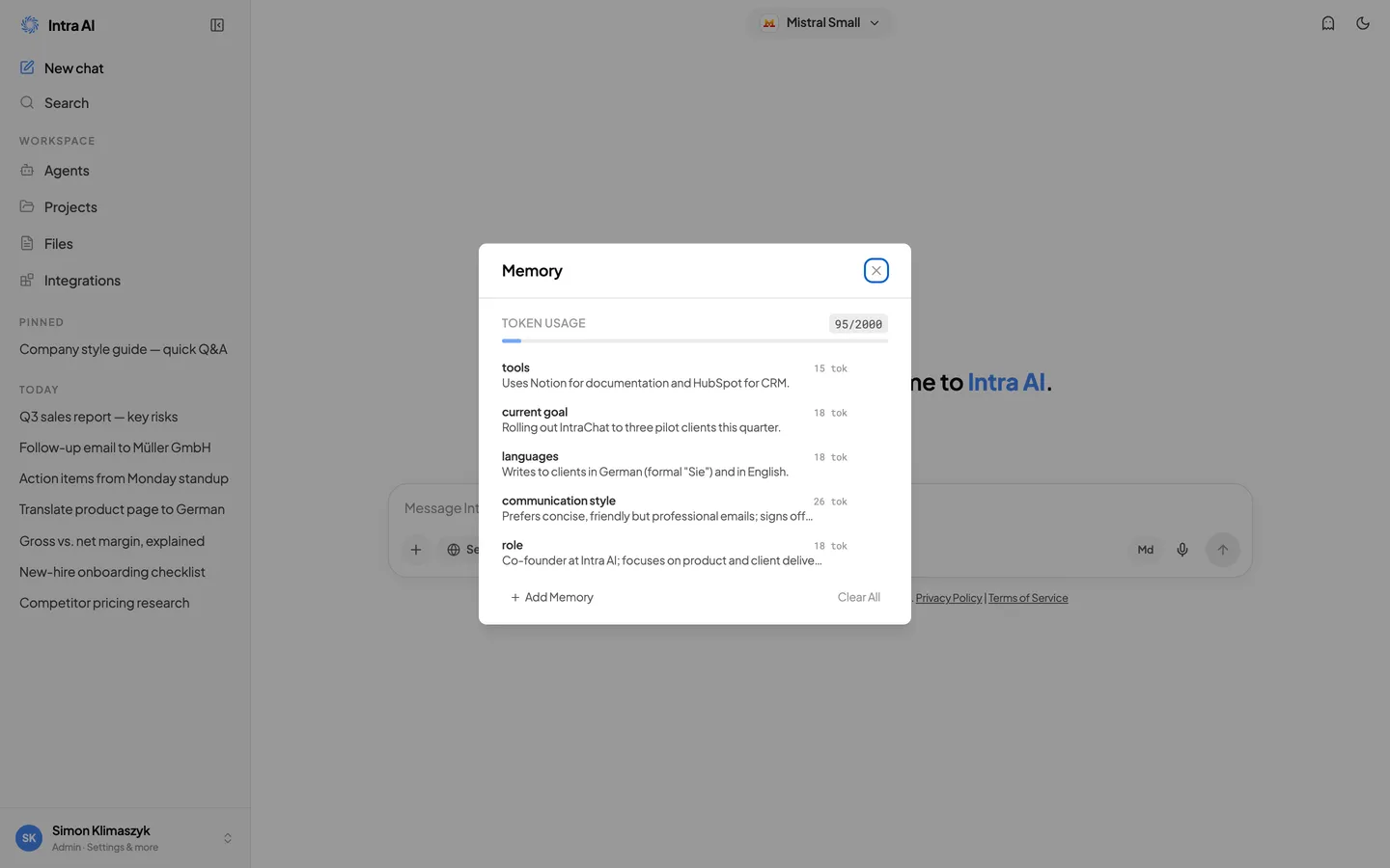 Das Gedächtnis-Panel mit dem Token-Nutzungsbalken und der Liste gespeicherter Fakten