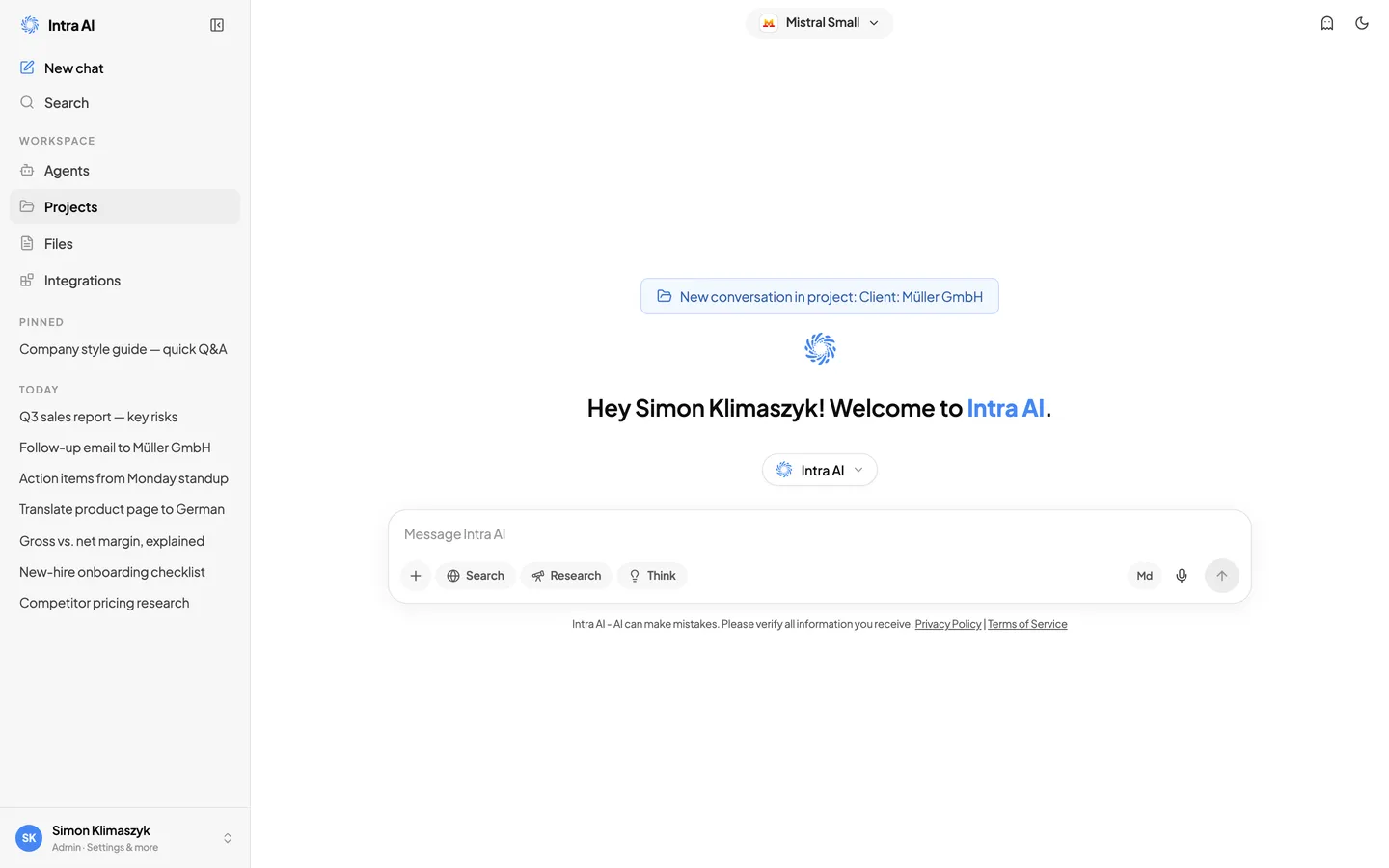 Die Projekt-Chat-Startseite mit Projektkontext-Banner und Agenten-Schnellauswahl