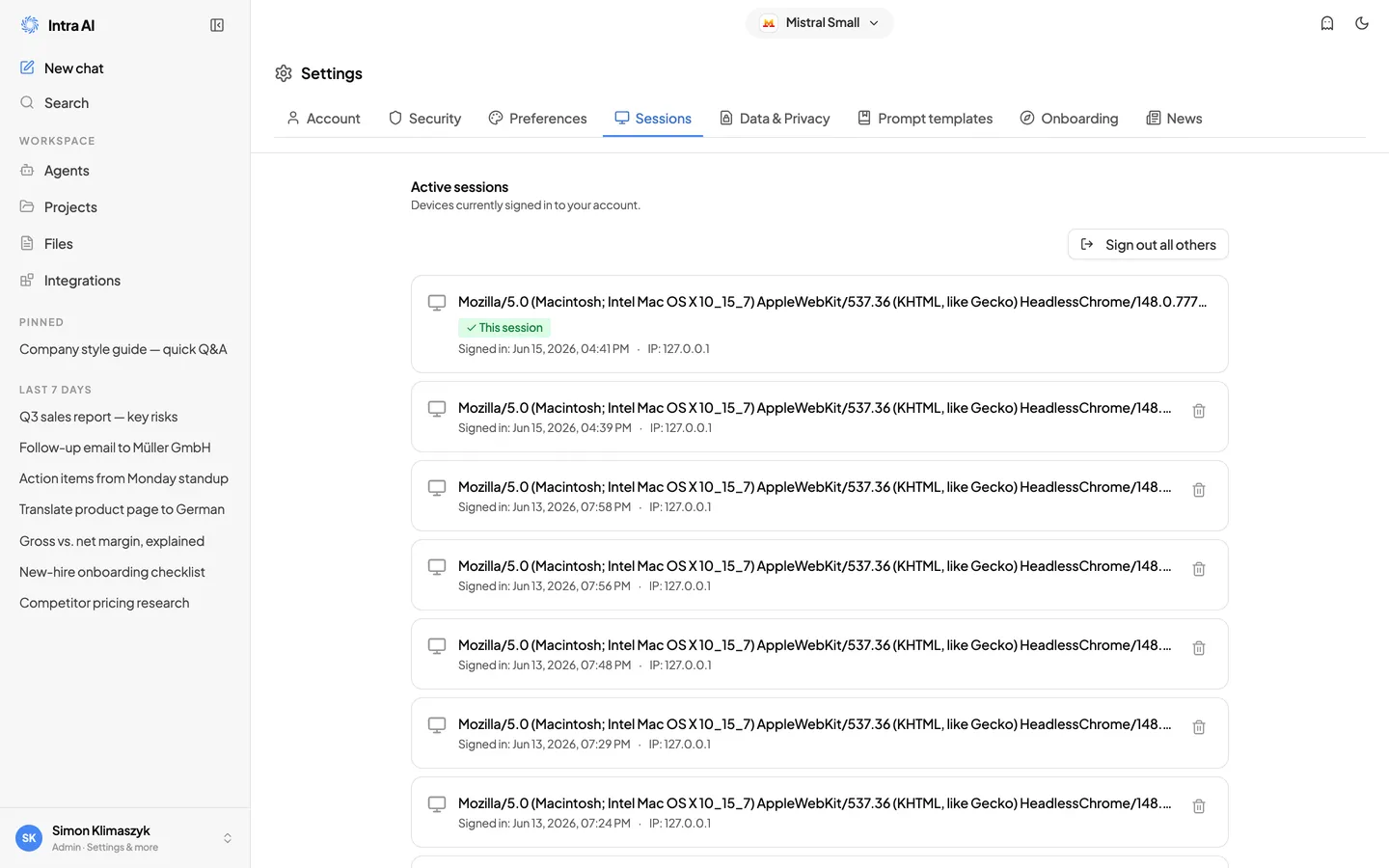 Tab „Sitzungen" mit drei Sitzungskarten; die aktuelle hat ein grünes Abzeichen