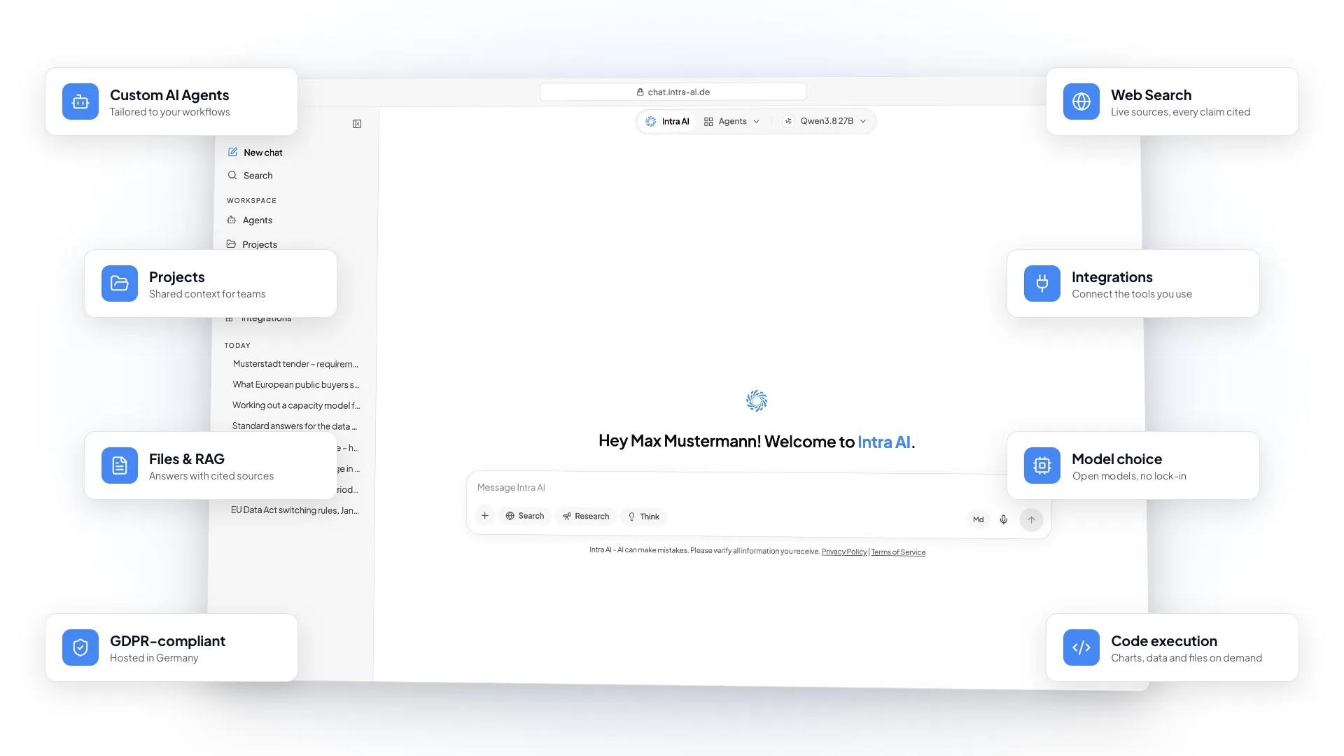 Der Startbildschirm von Intra AI, umgeben von acht Karten, die die Kernfunktionen benennen: KI-Agenten, Websuche, Projekte, Integrationen, Dateien mit Quellenangaben, Modellauswahl, DSGVO-Konformität und Code-Ausführung.