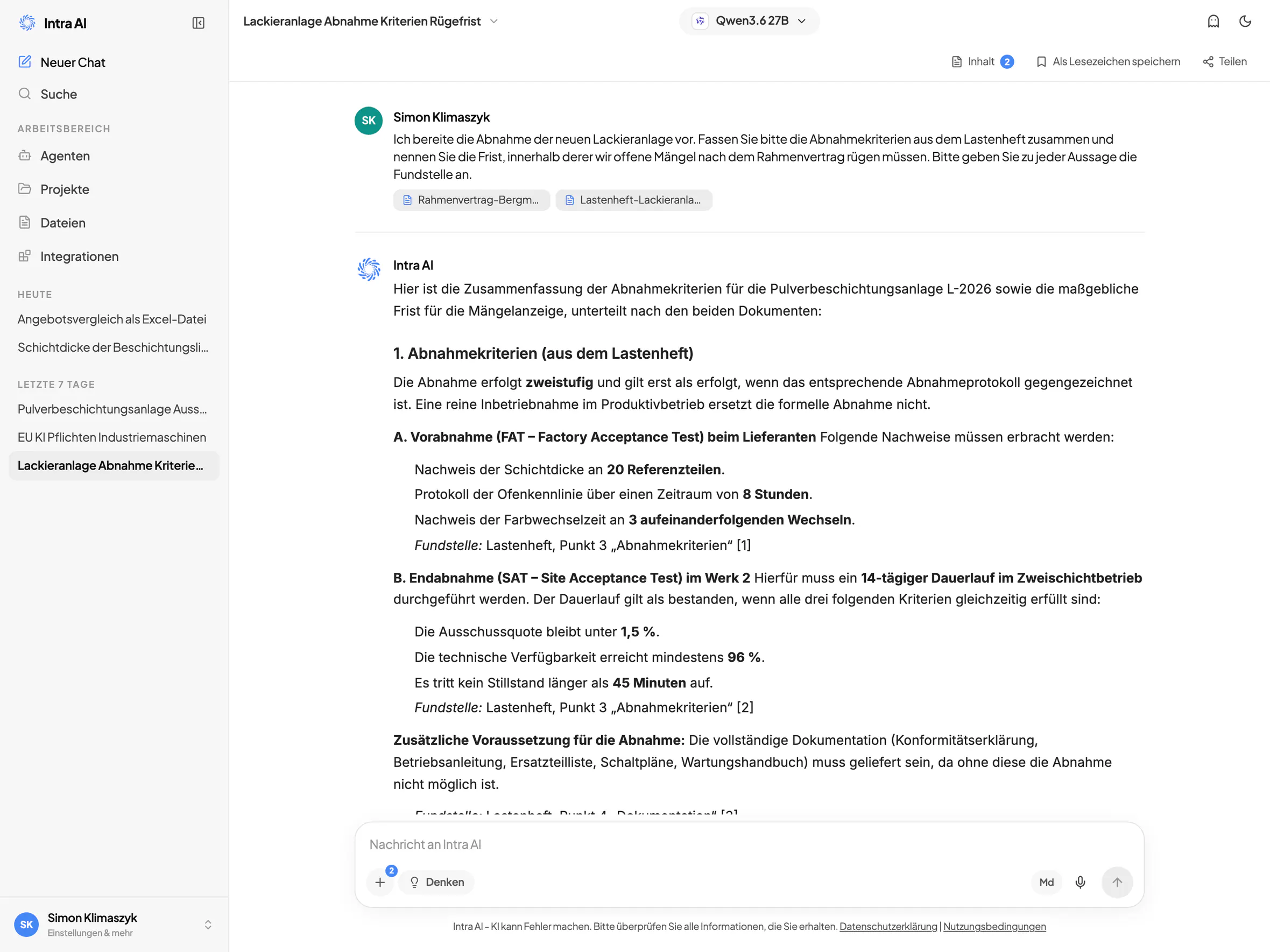 Intra AI fasst die Abnahmekriterien aus Lastenheft und Rahmenvertrag zusammen und nennt zu jeder Aussage die Fundstelle.