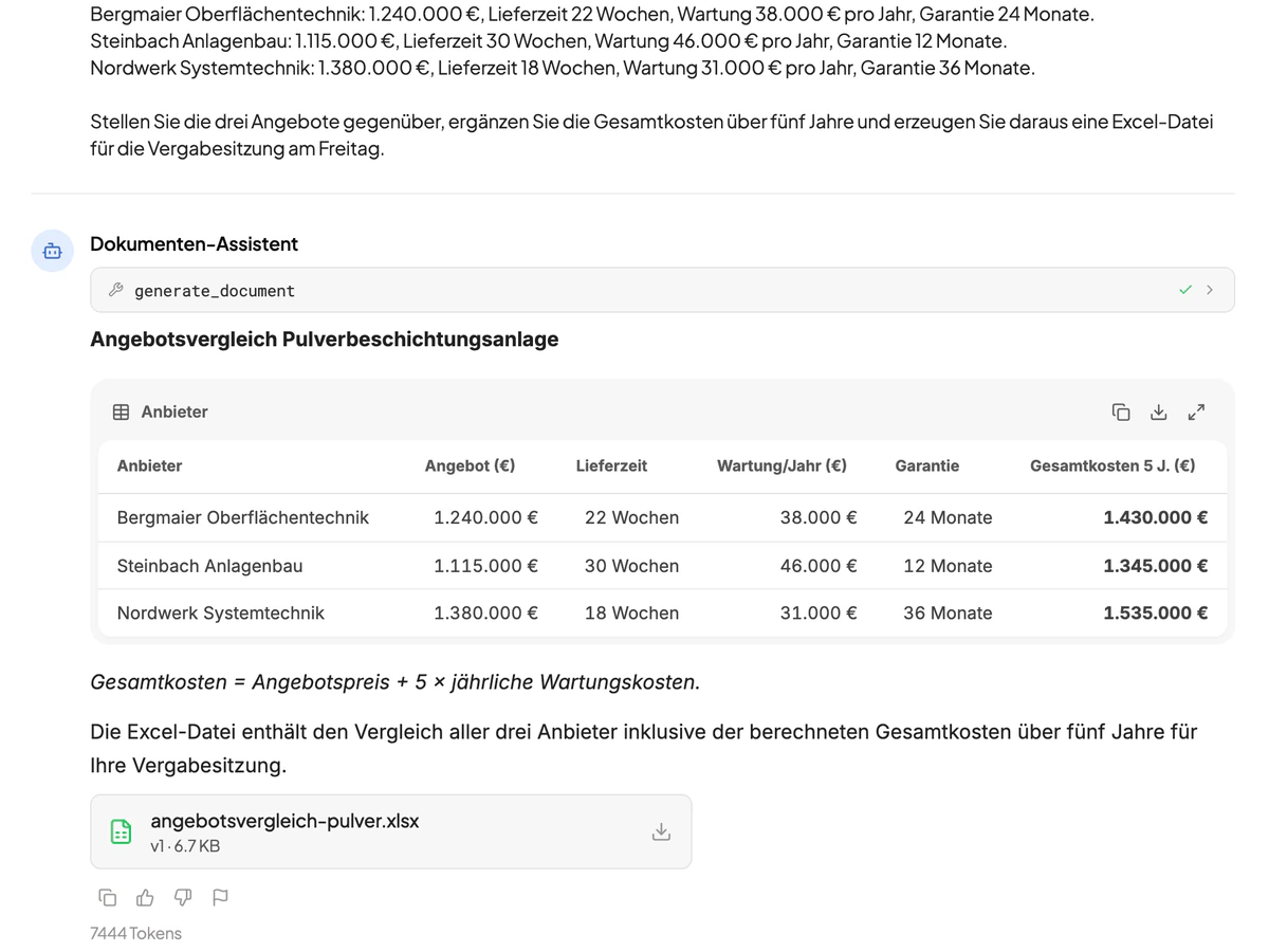 Ein Angebotsvergleich als Tabelle mit den berechneten Gesamtkosten über fünf Jahre, darunter die erzeugte Excel-Datei mit ihrer Download-Schaltfläche.