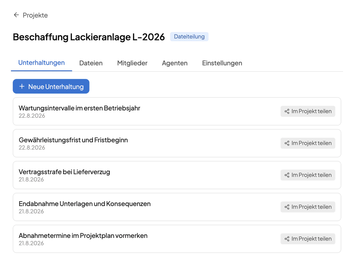 Projekt „Beschaffung Lackieranlage L-2026“ mit den Reitern Unterhaltungen, Dateien, Mitglieder, Agenten und Einstellungen und den darin geführten Unterhaltungen.