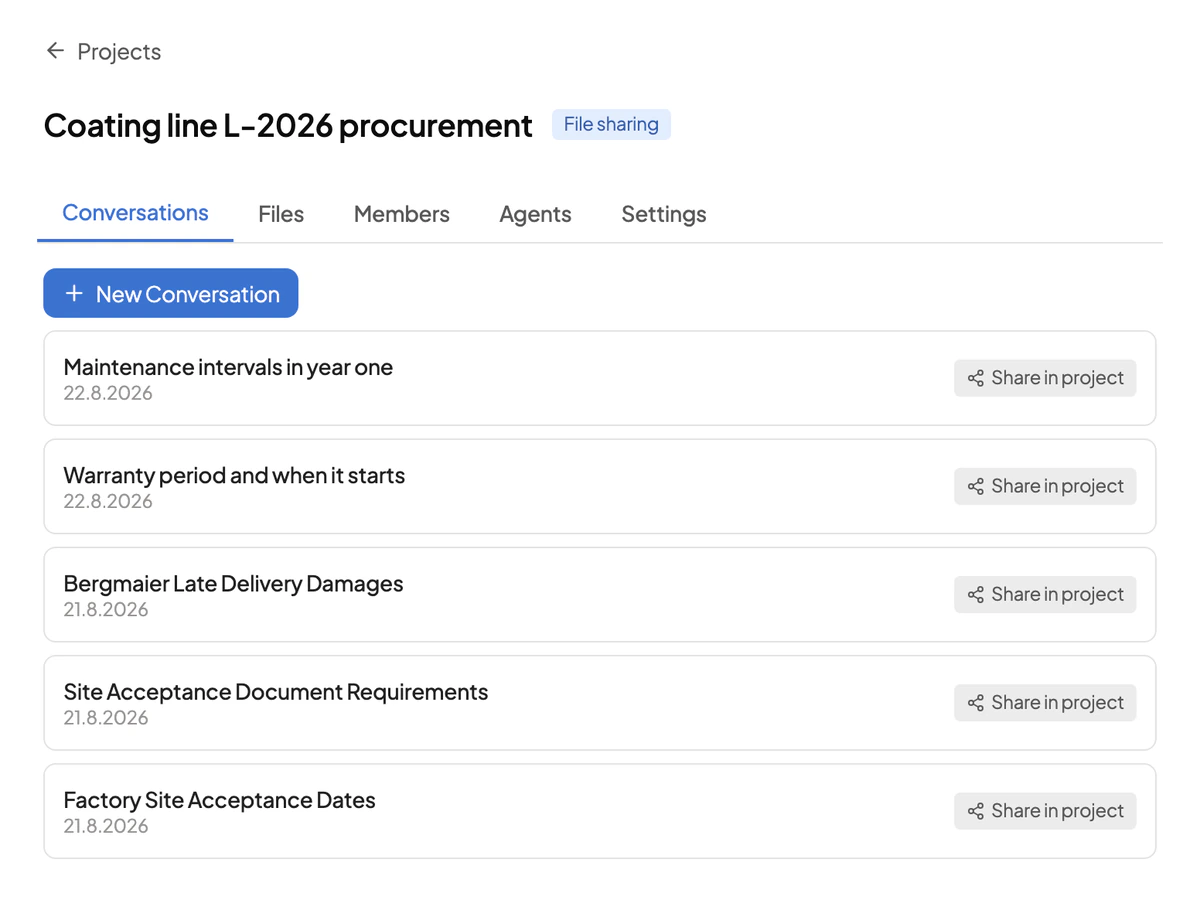 The project ‘Coating line L-2026 procurement’ with its Conversations, Files, Members, Agents and Settings tabs, and the conversations held inside it.