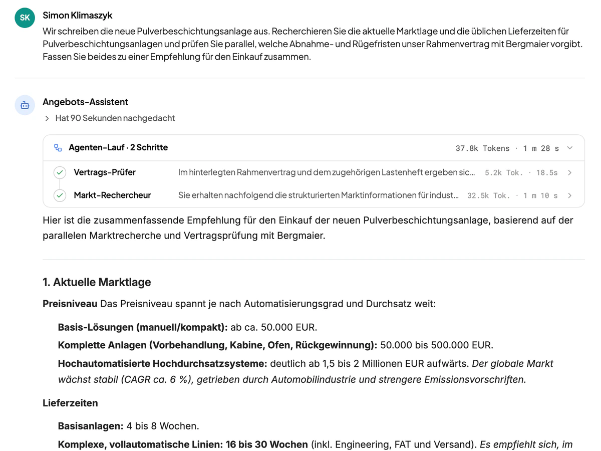 Ein Agenten-Lauf mit zwei beauftragten Sub-Agenten – Vertrags-Prüfer und Markt-Rechercheur, jeweils mit Dauer – und darunter die zusammengeführte Empfehlung.