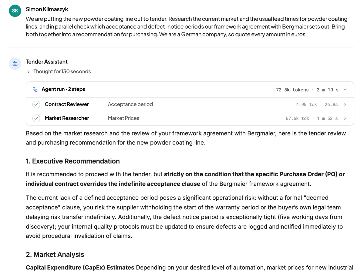 An agent run with two commissioned sub-agents – a Contract Reviewer and a Market Researcher, each with its duration – and the merged recommendation beneath.
