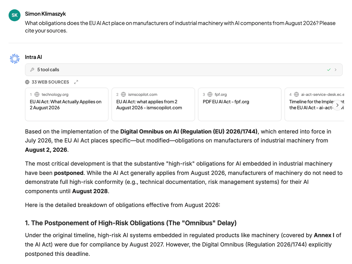 An answer on the EU AI Act, with the number of web sources consulted and the numbered source cards above it.